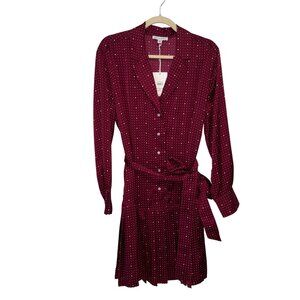 NWT Free Assembly Burgundy Polka Dot Long-Sleeve Button-Front Dress With Tie Bel